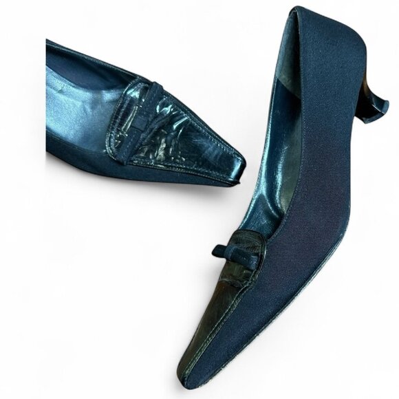 STUART WEITZMAN Black Patent Leather and Fabric Square Toe Pumps Size 8.5 Y2K - Picture 1 of 10